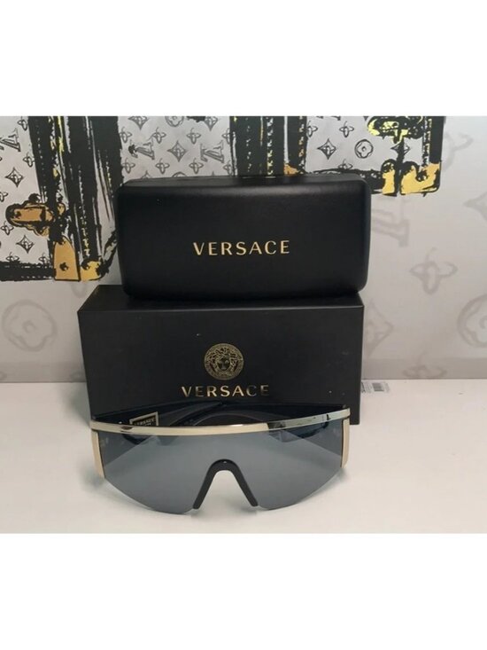 New Versace™ VE2197 Shield Sunglasses – Gold Frame / Grey Mirror Lenses main image 2